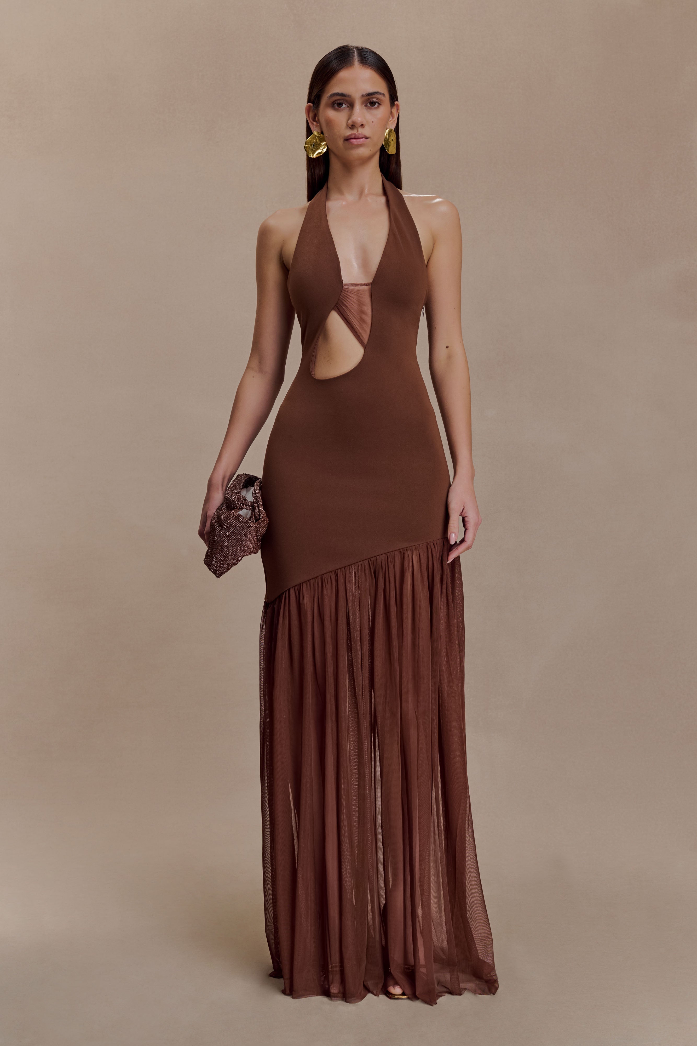 Elowen | Crepe & Mesh Halter Maxi Dress