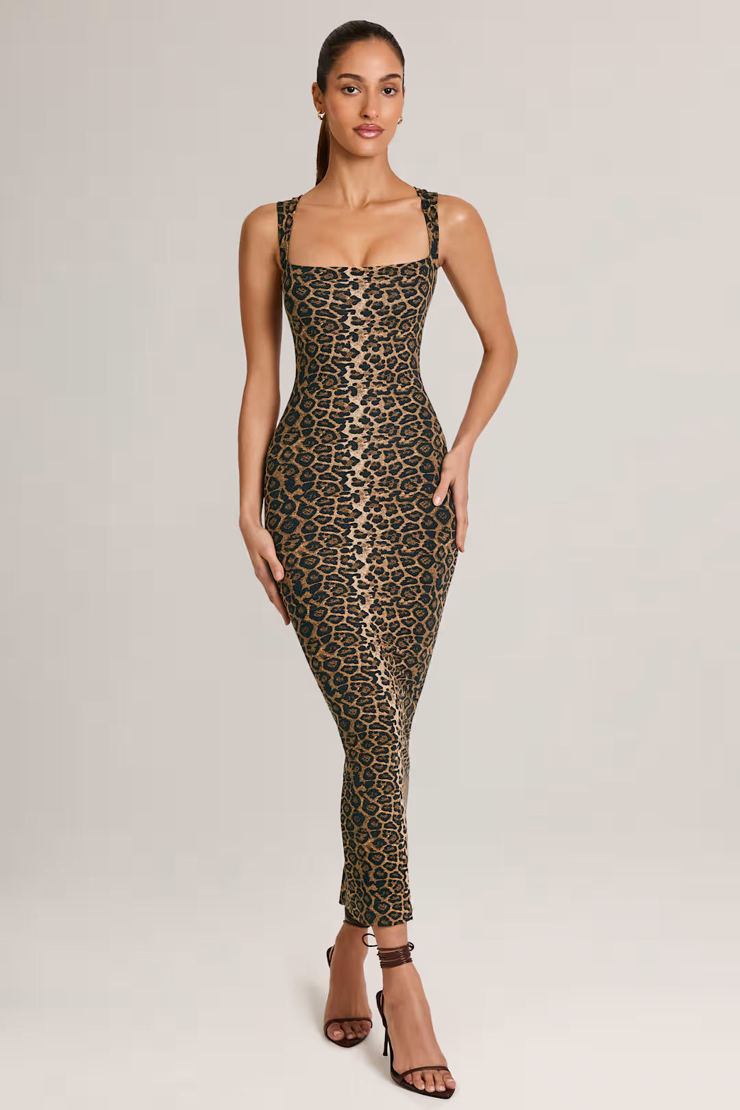 Solenne | Modal Square-Neck Midi Dress – Leopard Print