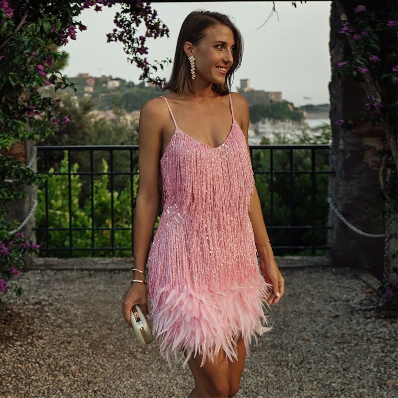 Elodie Sequin Feather Trim Mini Dress