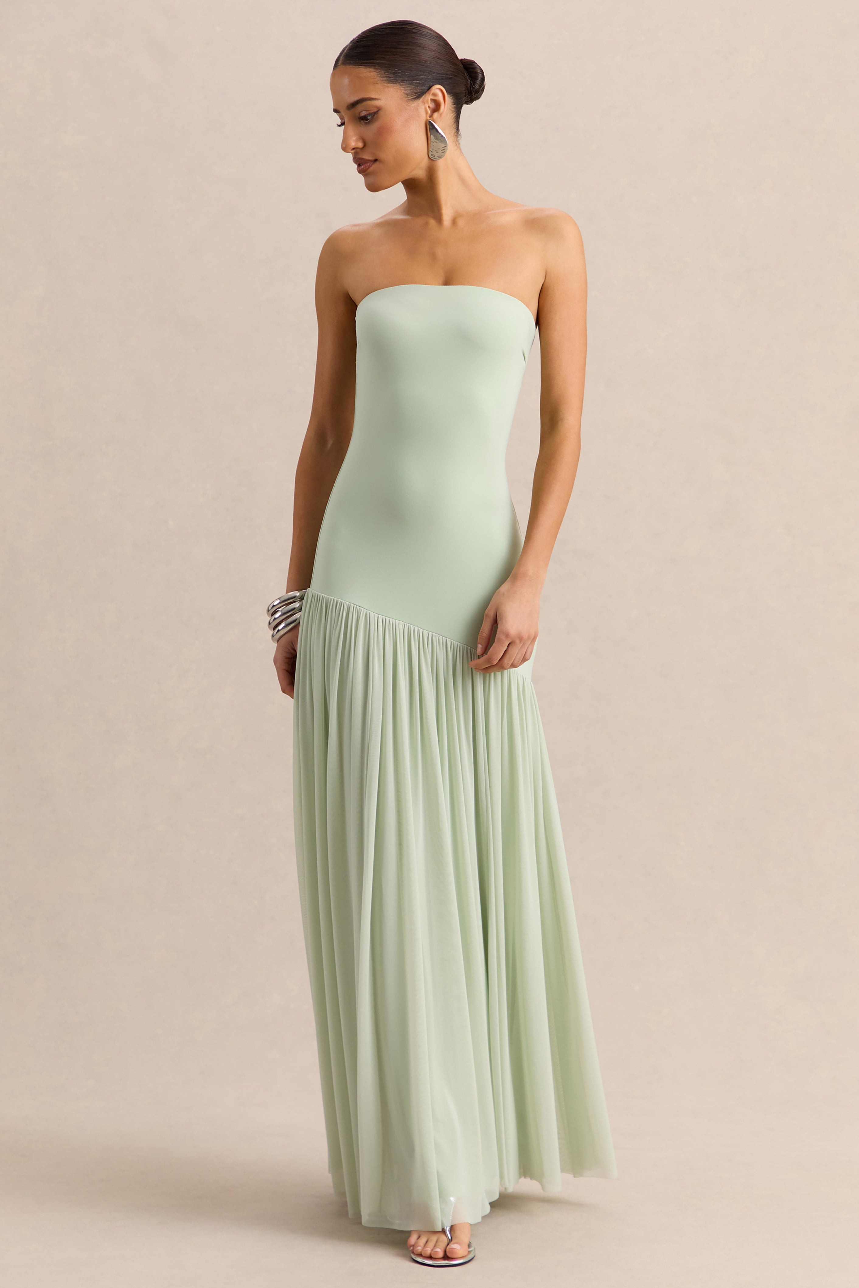 Bambi | Mintgroene Bandeau Maxi Jurk Met Sjaal Detail