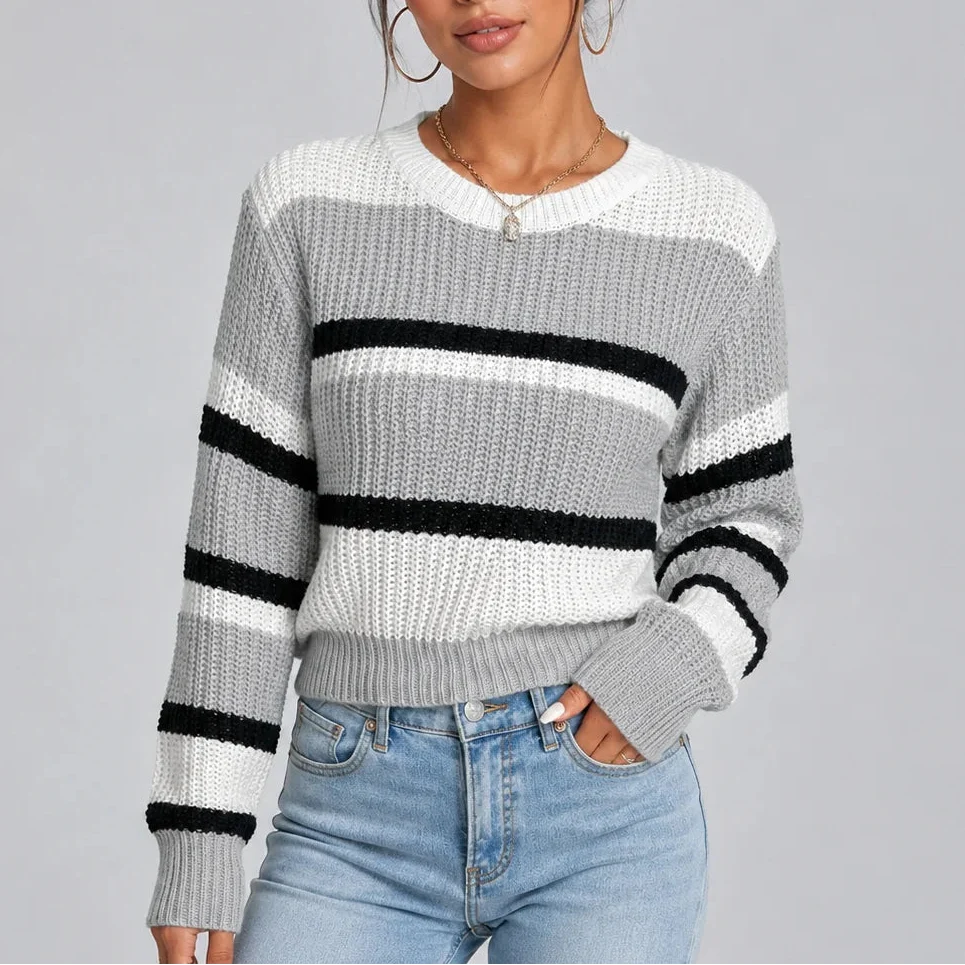 Women's Knit Sweater | Striped Crew Neck Jumper