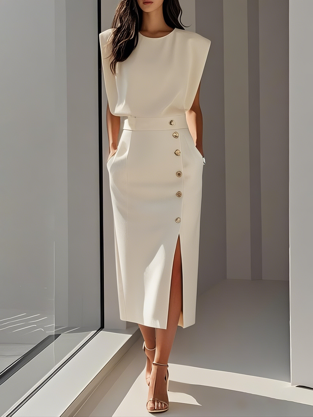 Carlena Button Detail Midi Dress