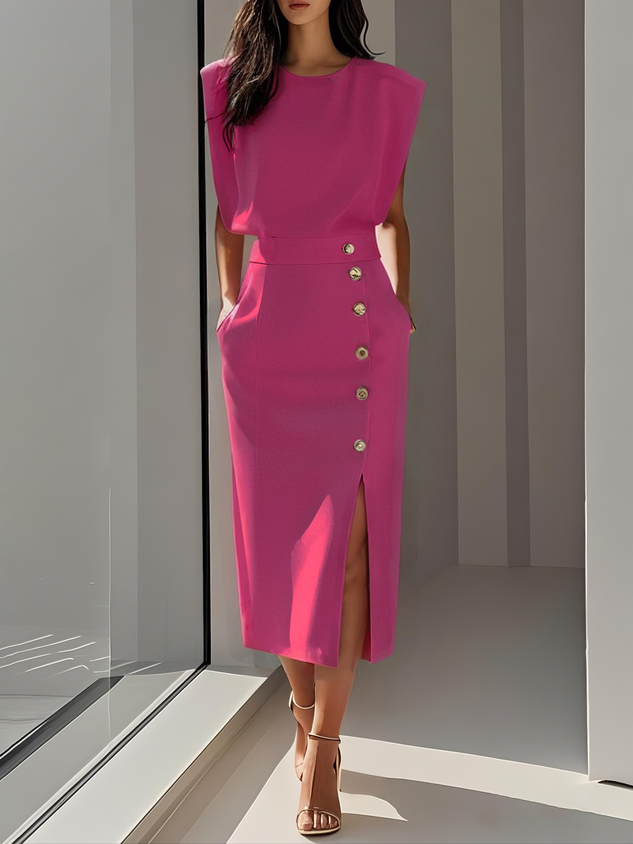 Carlena Button Detail Midi Dress