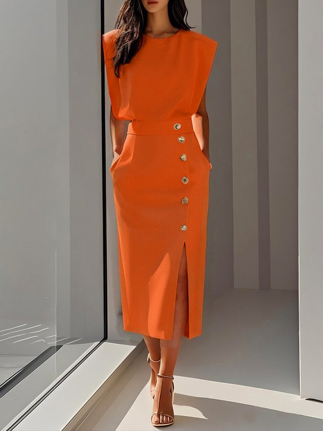 Carlena Button Detail Midi Dress
