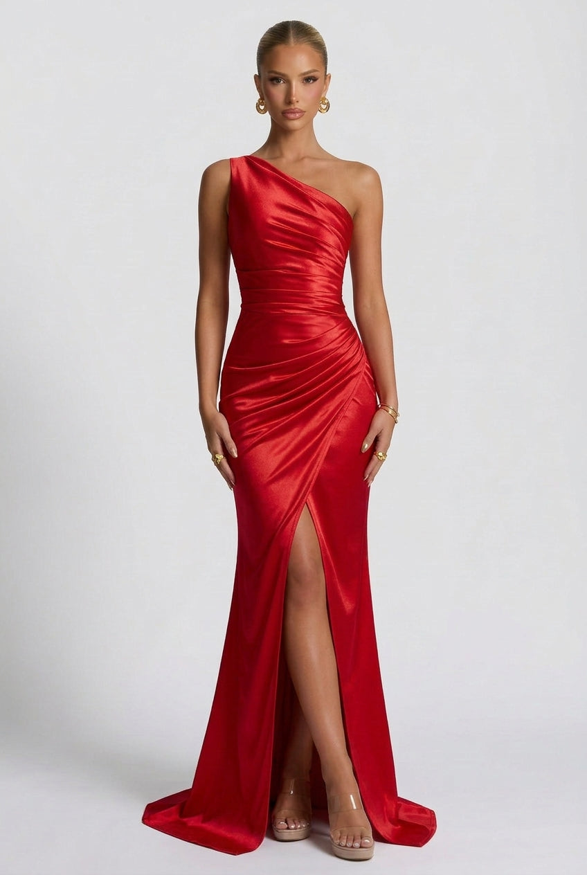 Satin Maxi Dress – Isabella One Shoulder Evening Gown