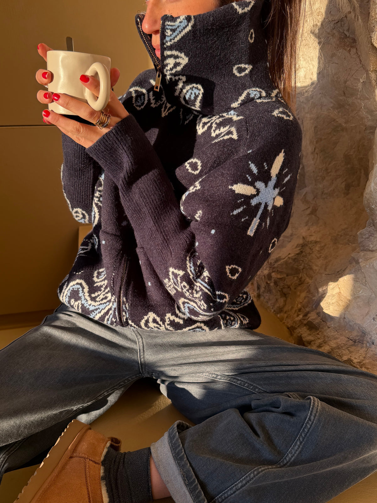 Delaney Paisley Zip-Up Cardigan