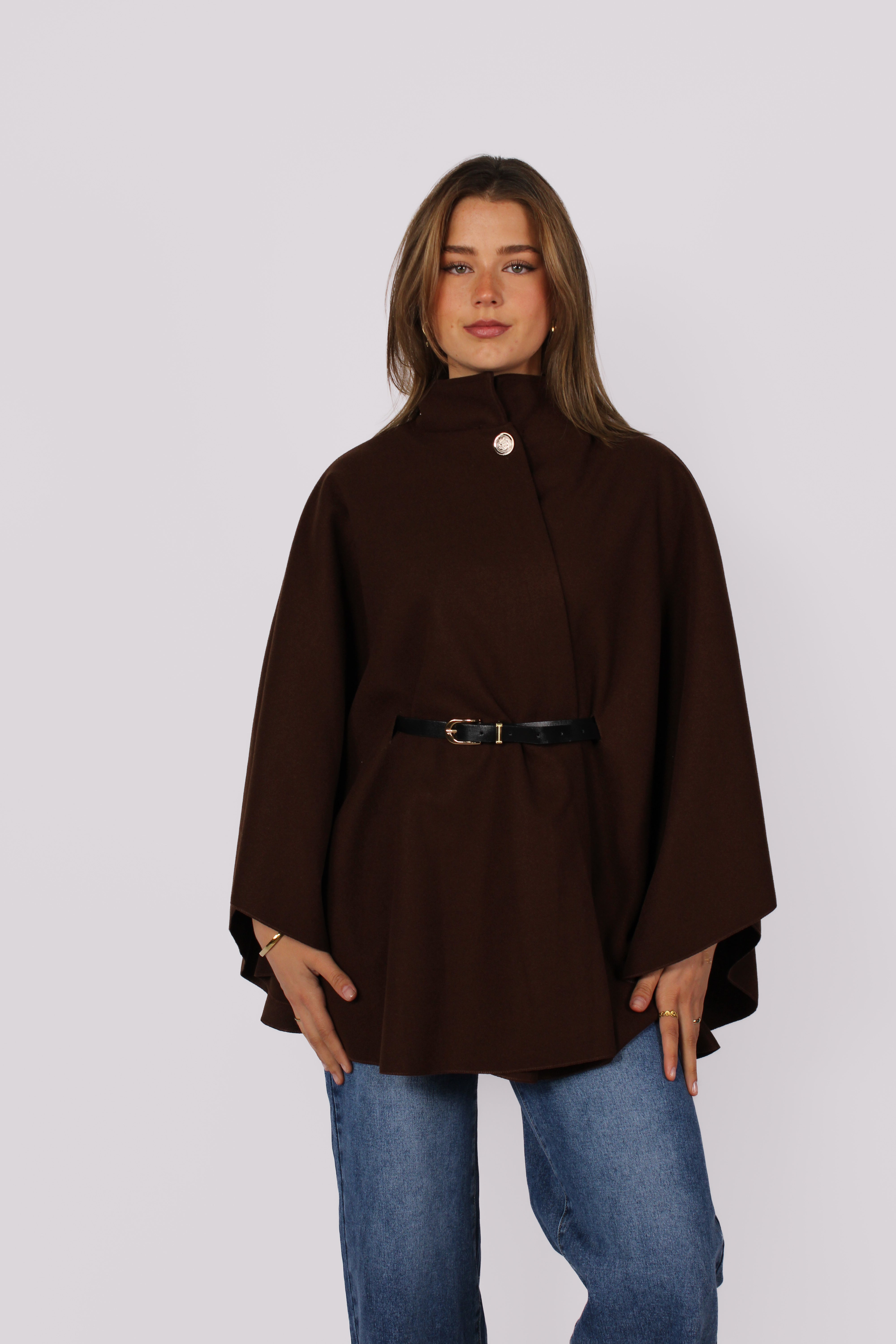 Seren | Long Knit Poncho – Dark Brown