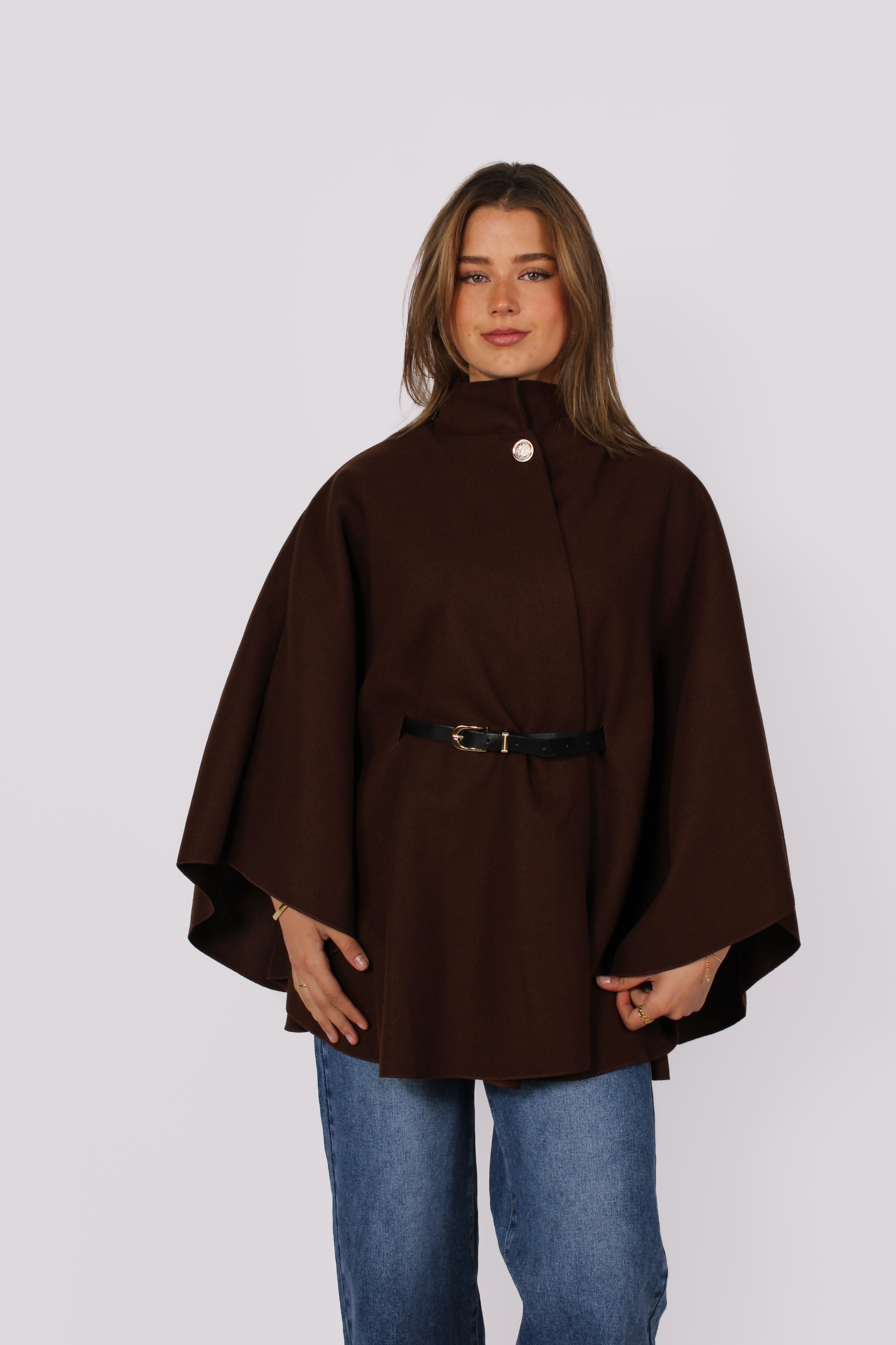 Seren | Long Knit Poncho – Dark Brown