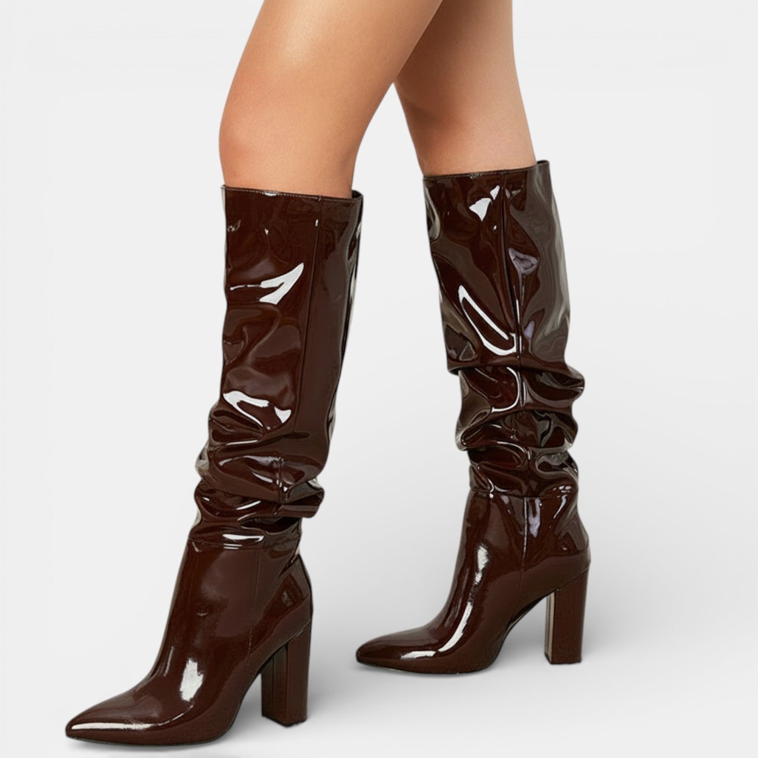 Leather Block Heel Pointed-Toe Boots