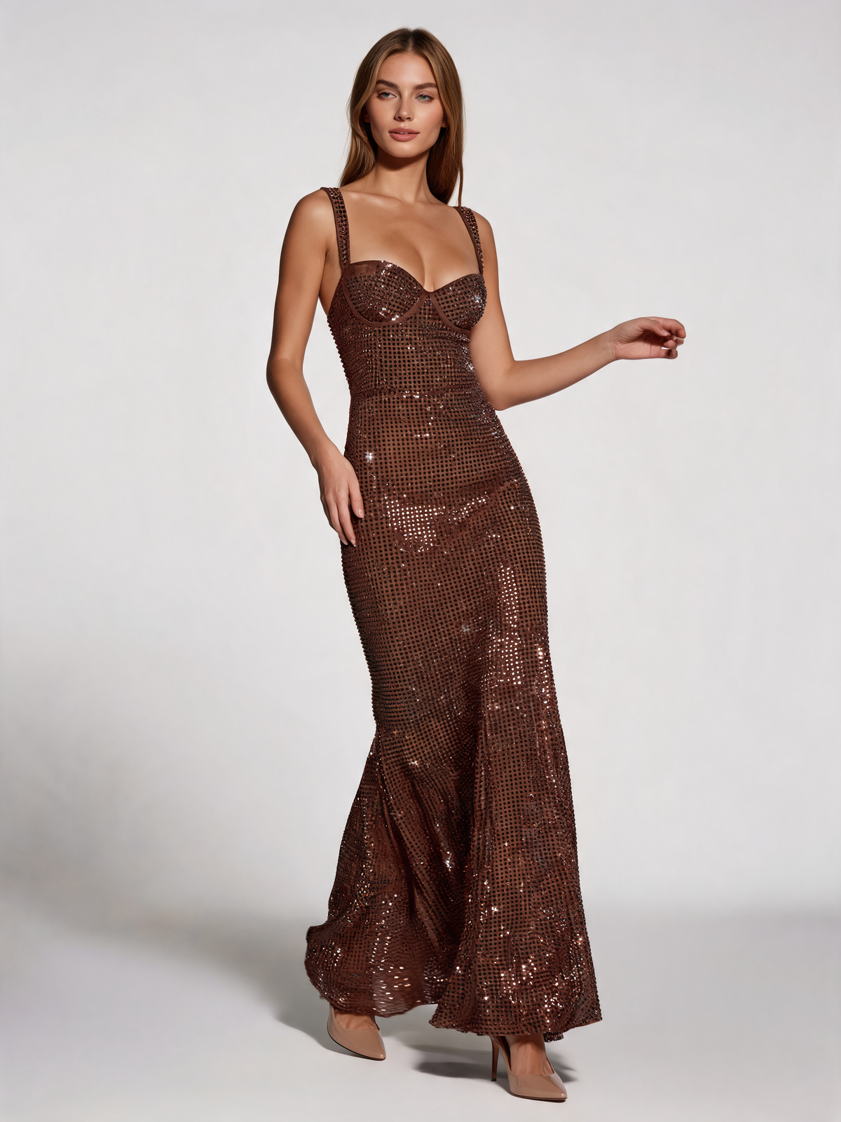Plum brown party dress with fishtail hem, walking view