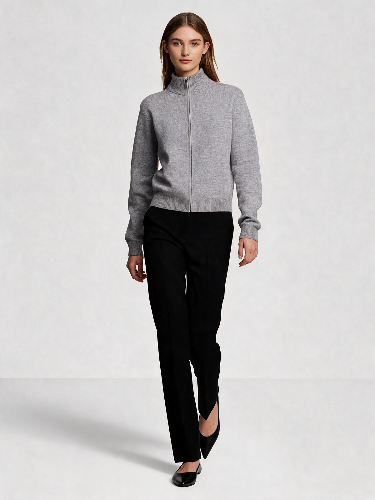 Grey zip-up cardigan, walking view