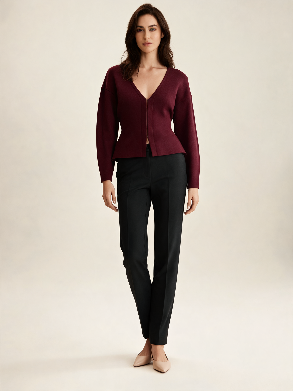 Burgundy fitted cardigan, front view