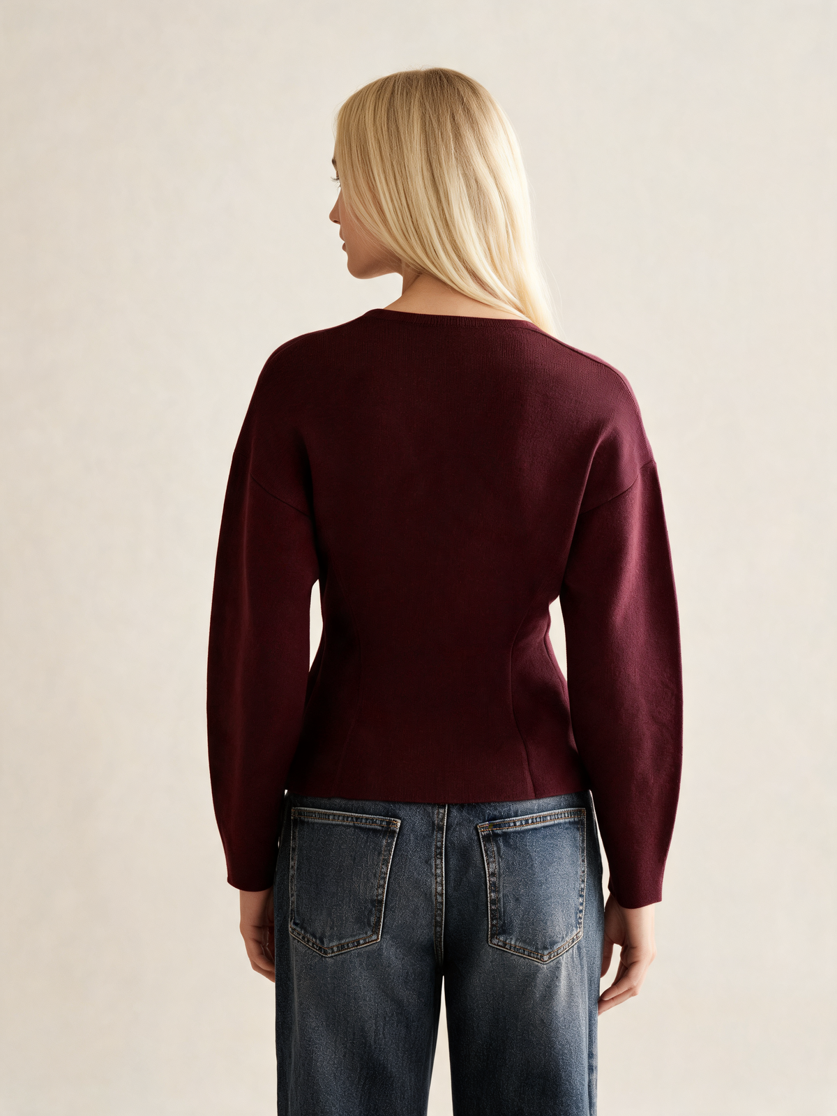 Burgundy fitted cardigan, back view