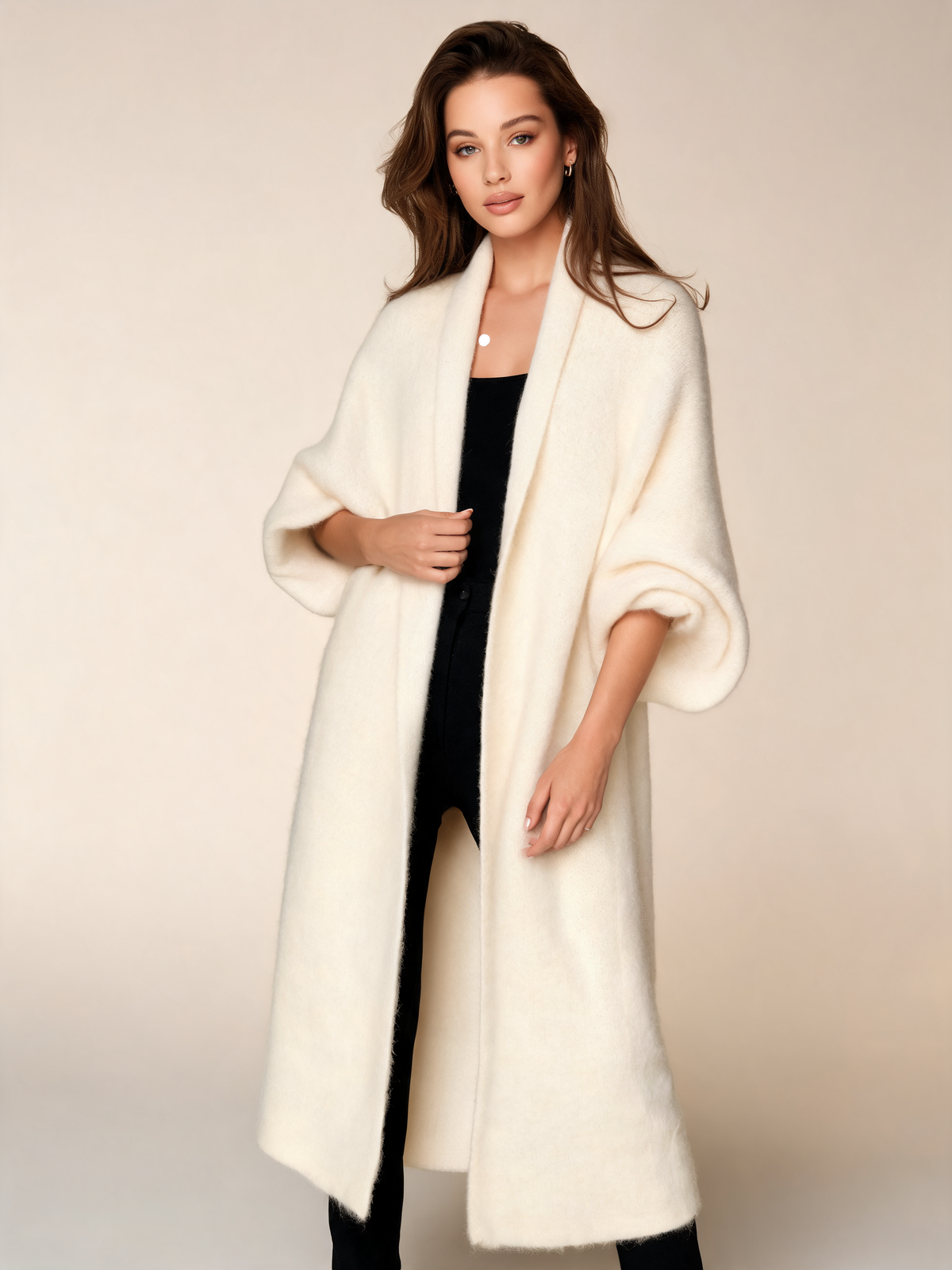 Cream long cardigan, three-quarter view