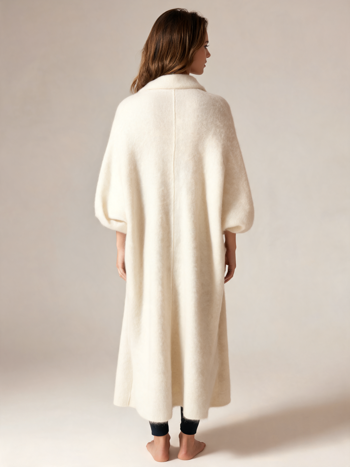 Cream long cardigan, back view