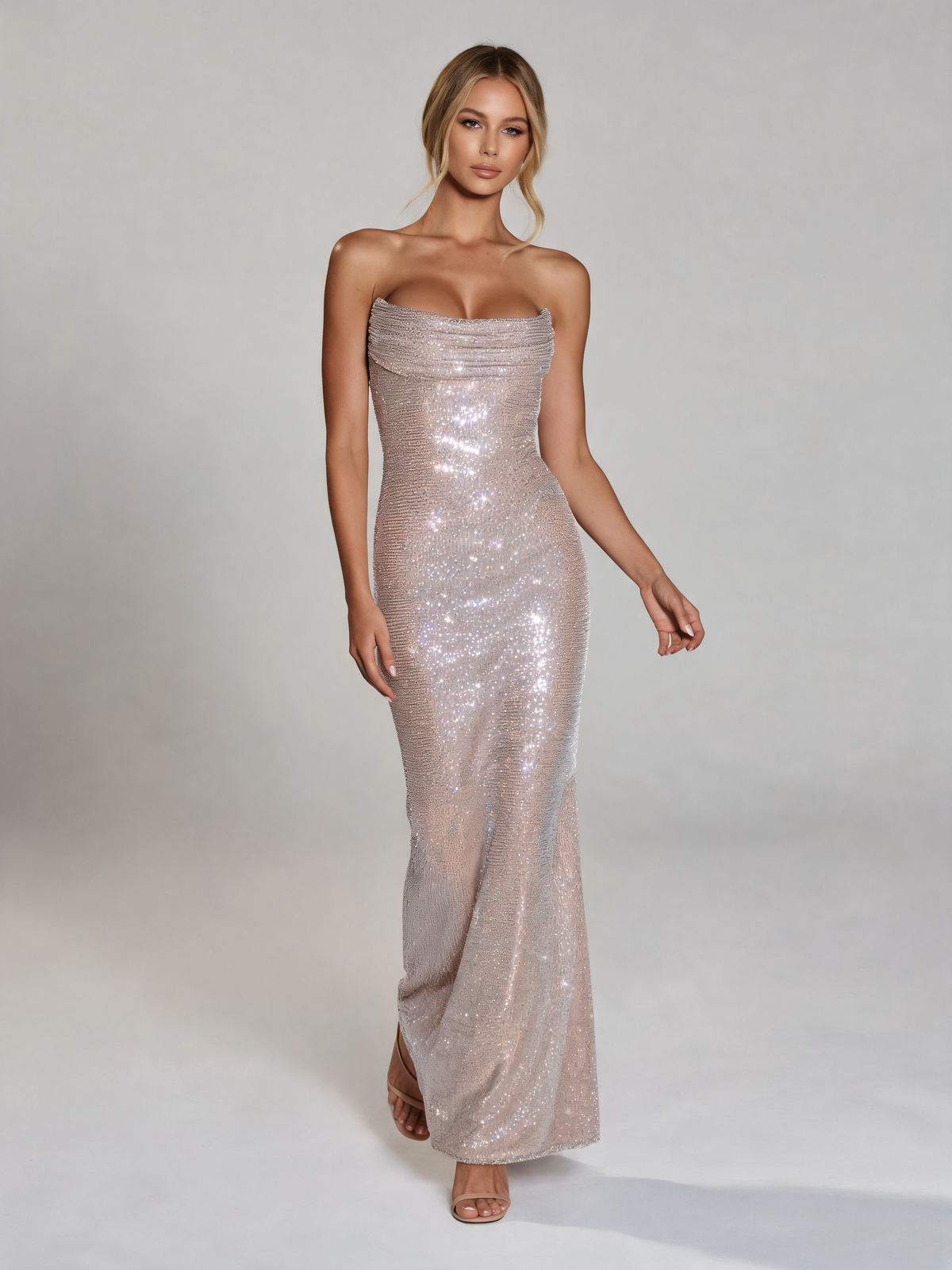 Nude party dress walking view