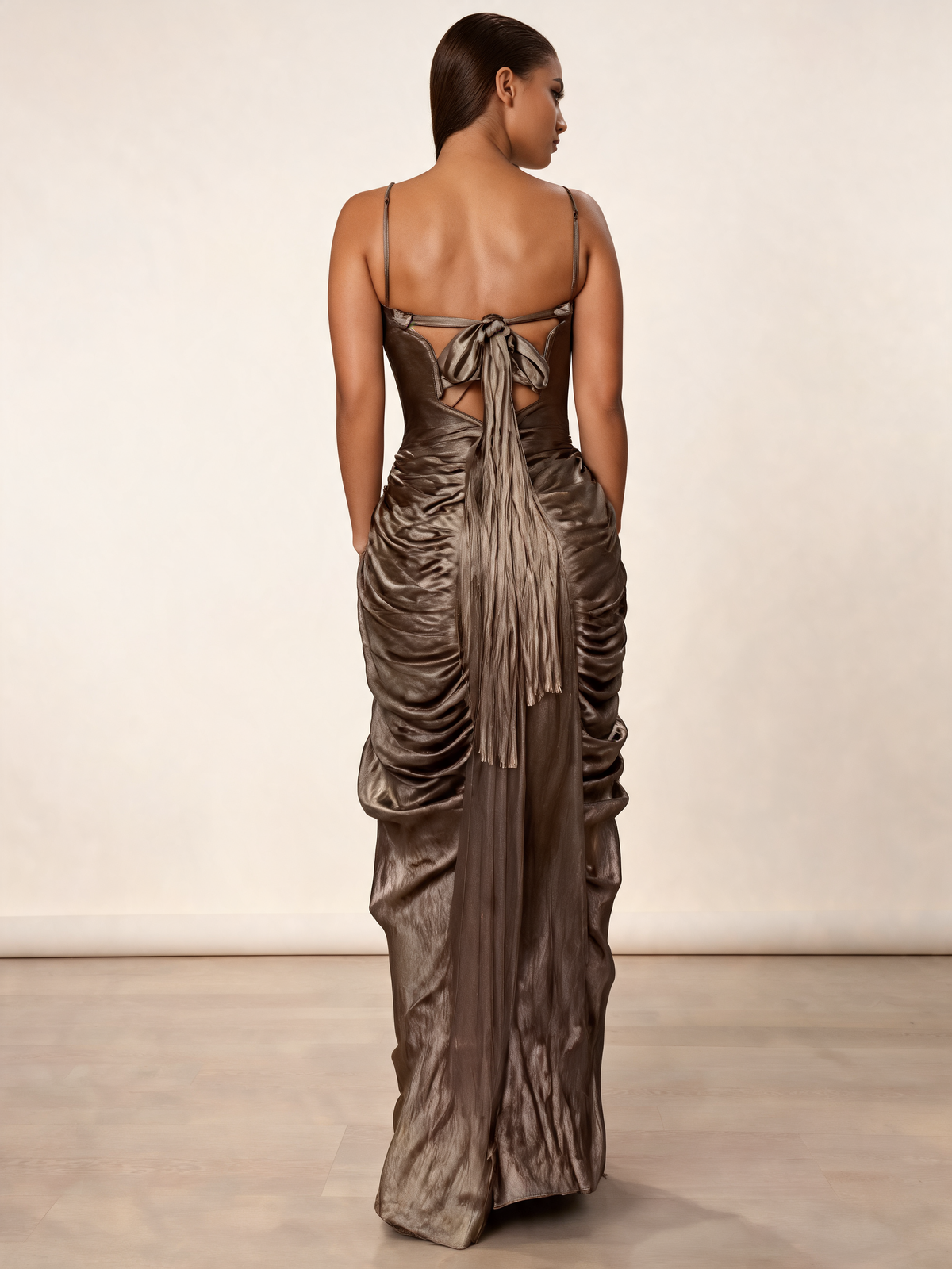 Bronze party dress back view with tie fastening