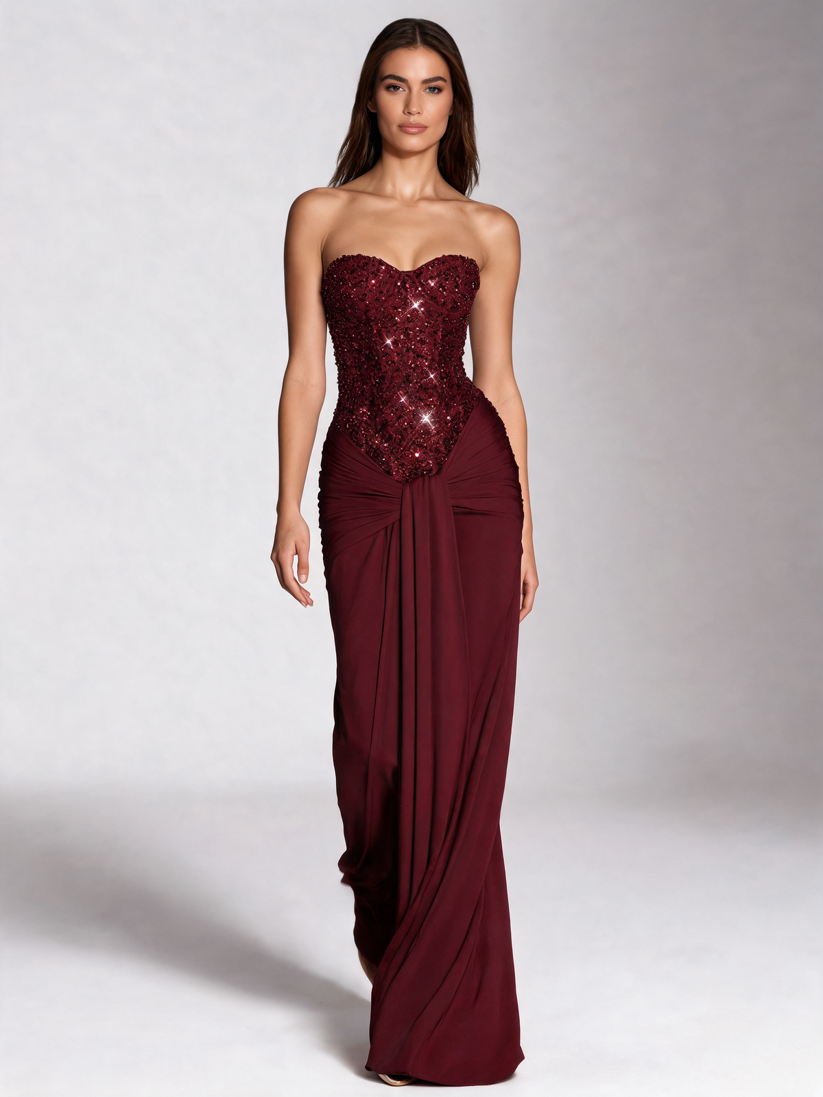 Burgundy party dress walking view