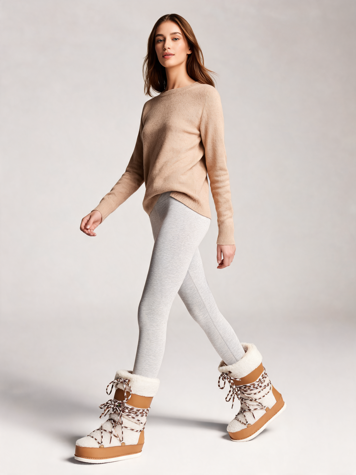 Cream and tan snow boots walking view