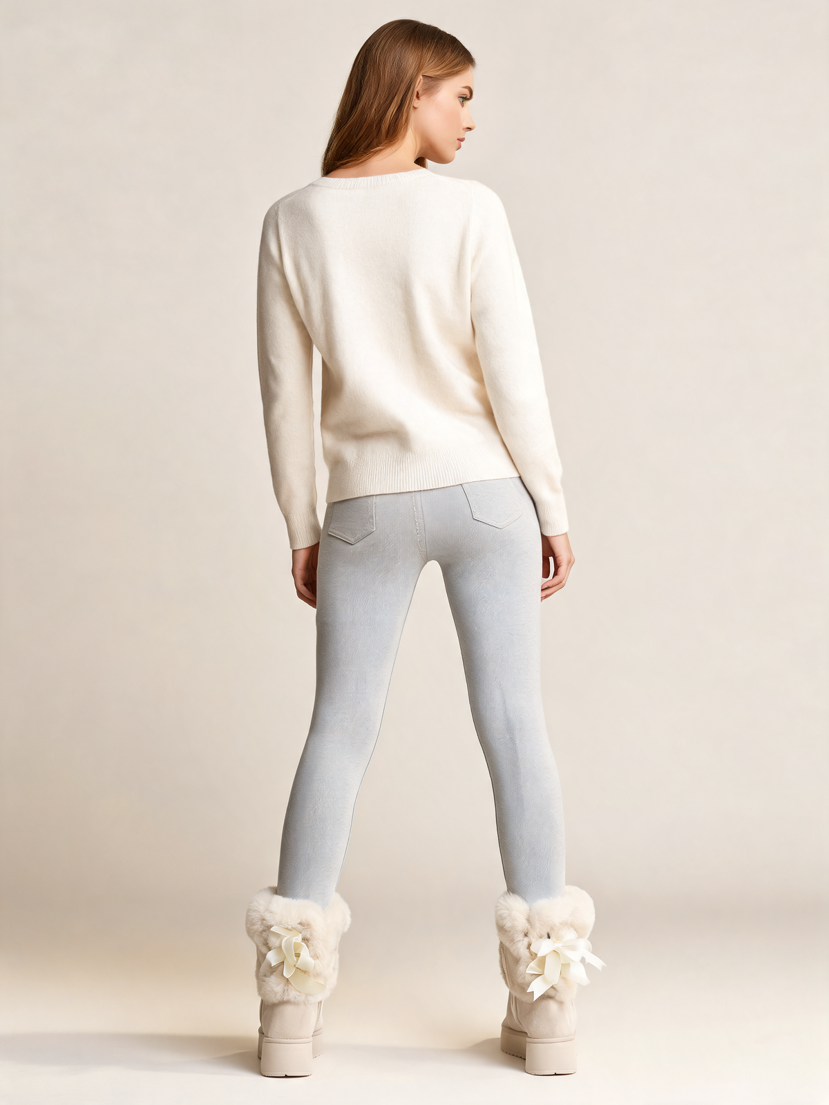 Cream snow boots back view with bows