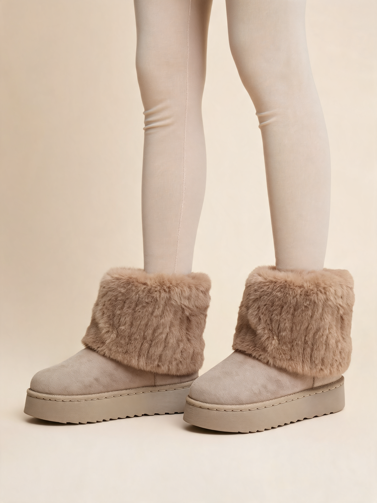 Taupe snow boots faux fur cuff close-up
