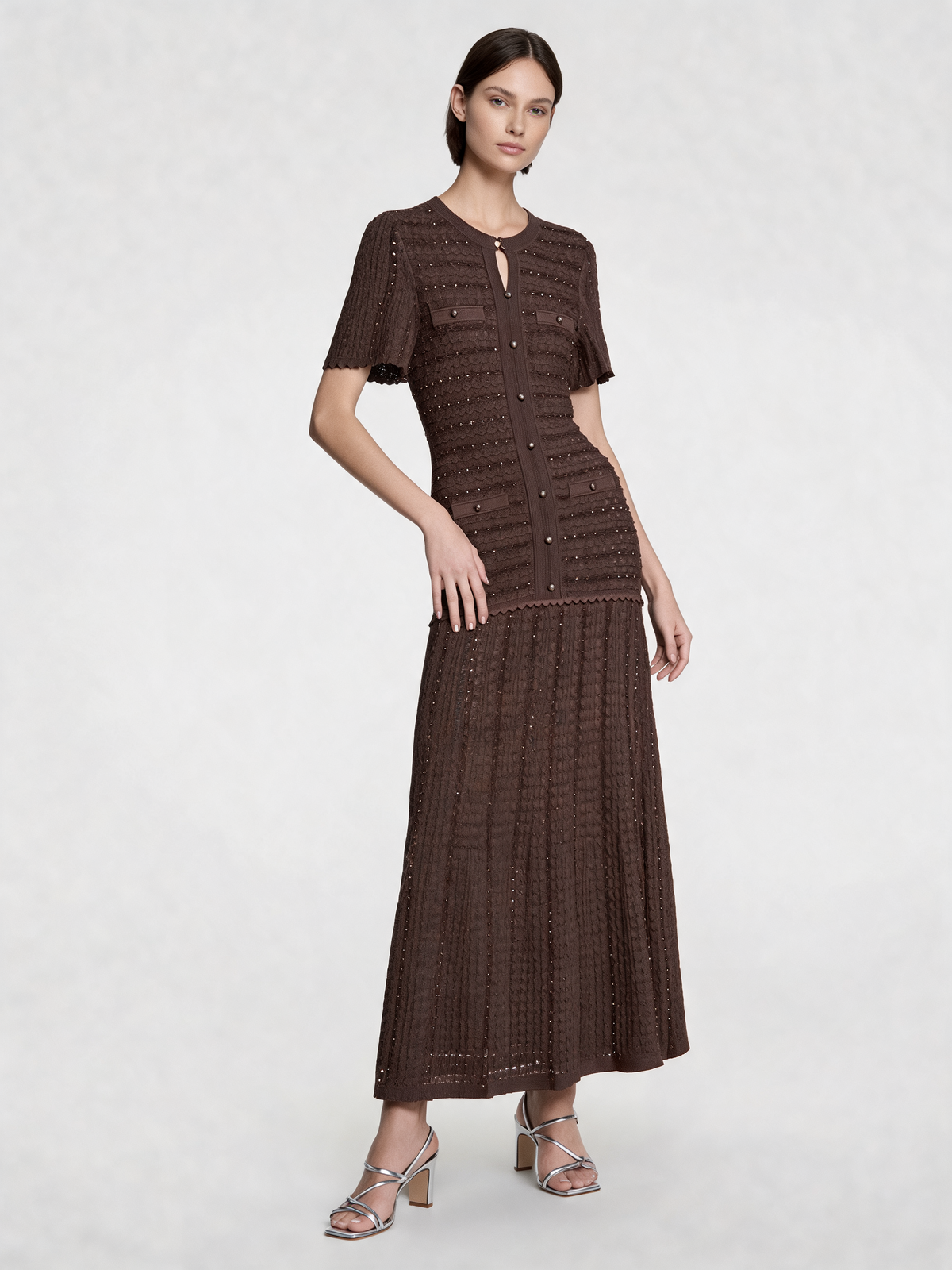 Brown knitted dress three-quarter view