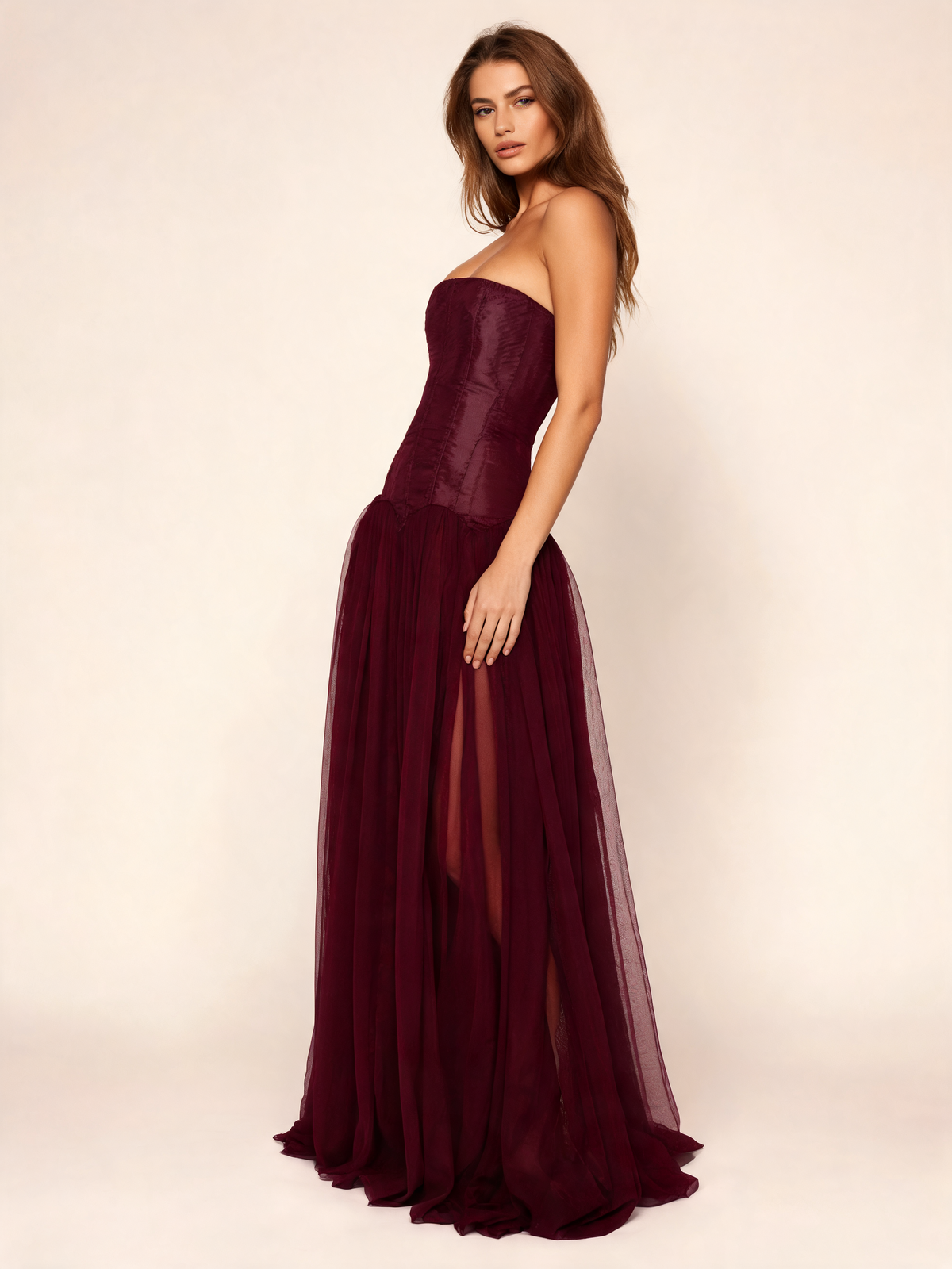 Burgundy dress three-quarter view
