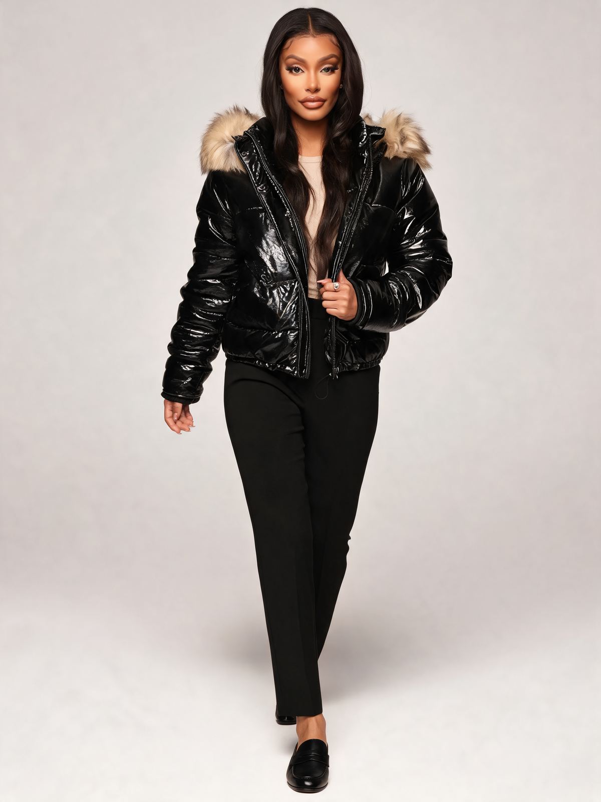Black puffer jacket women walking view