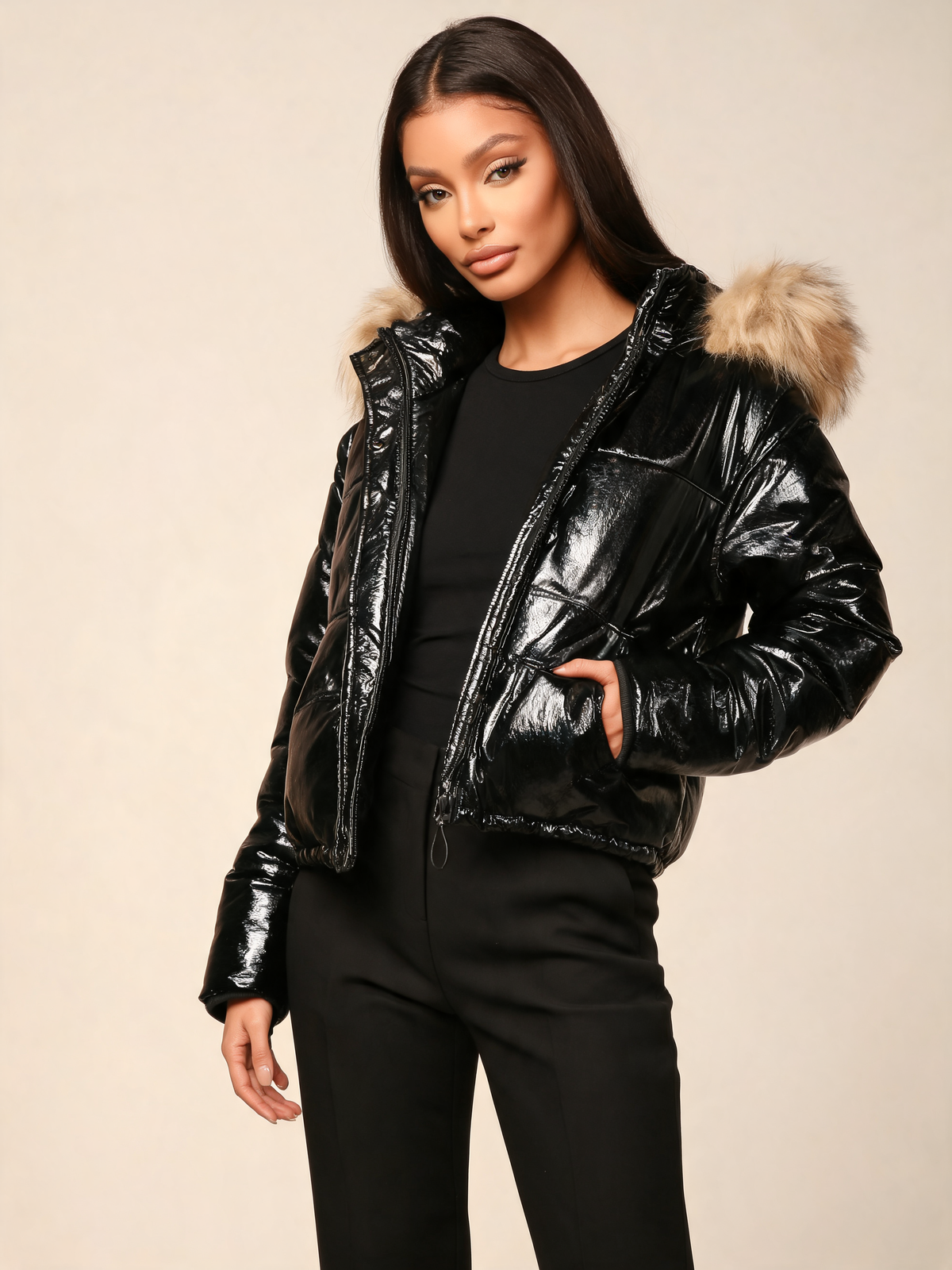Black puffer jacket women three-quarter view