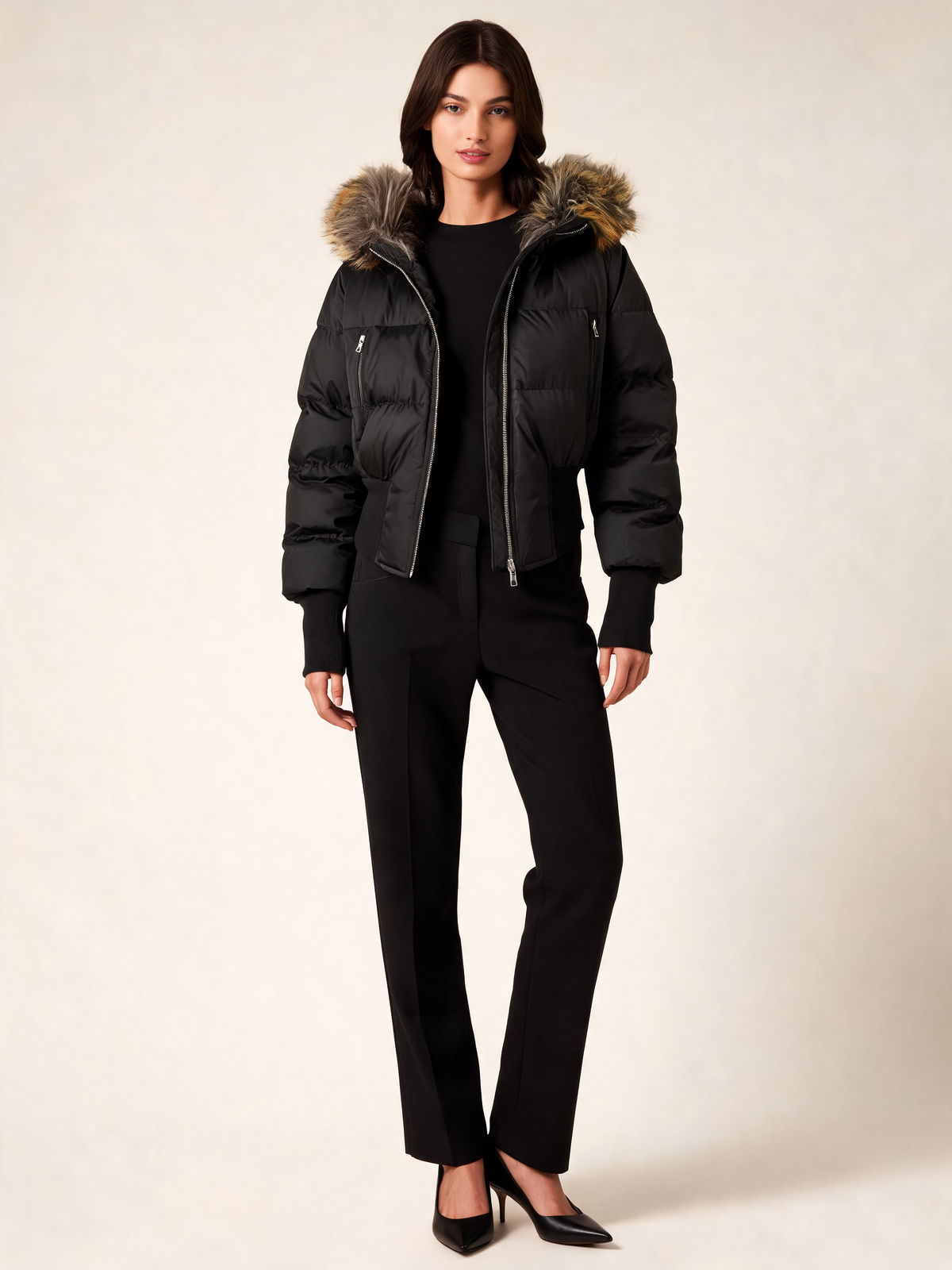 Black puffer jacket women front view