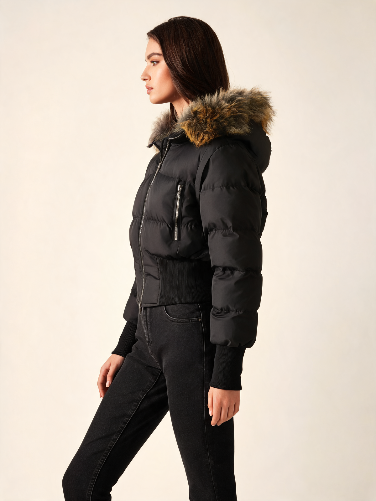 Black puffer jacket women side view