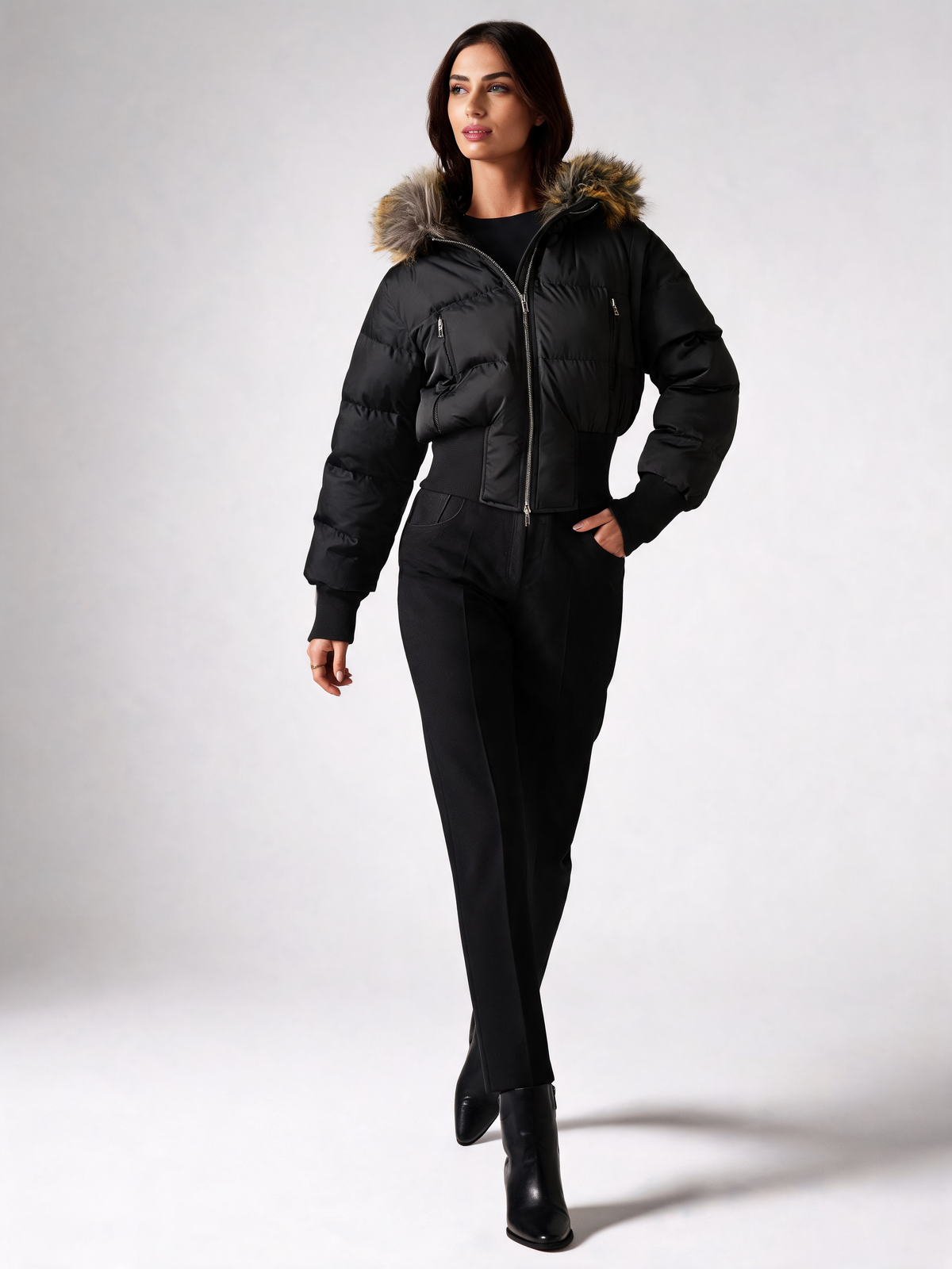 Black puffer jacket women walking view