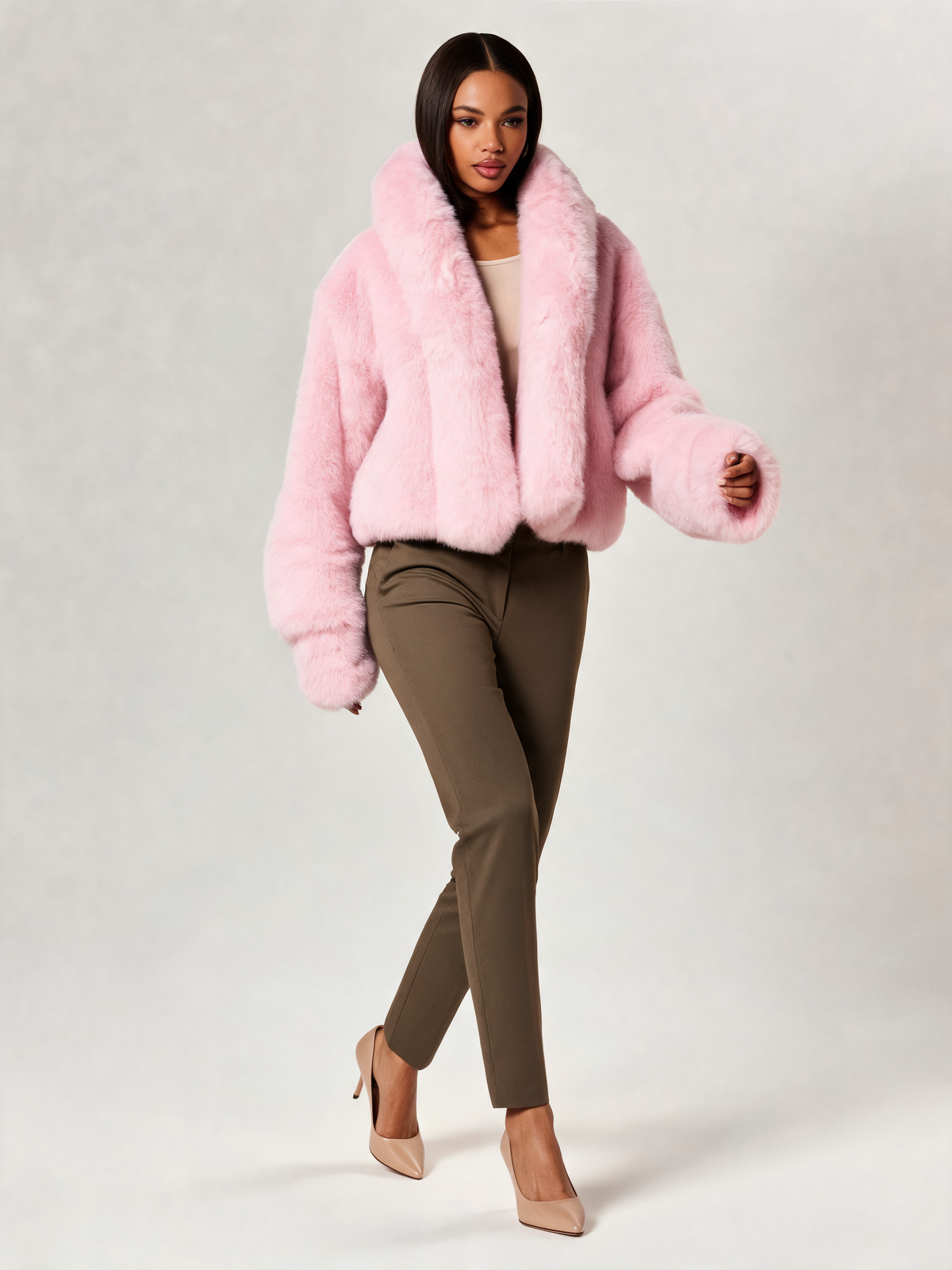 Pink faux fur jacket walking view