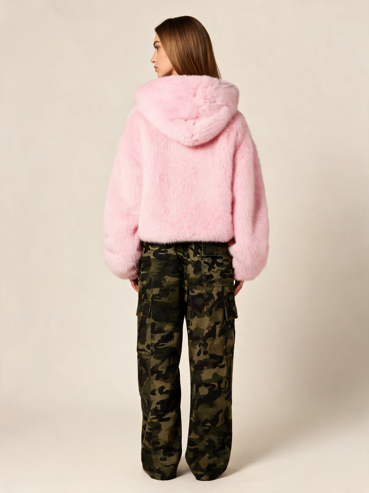 Pink faux fur jacket back view with hood