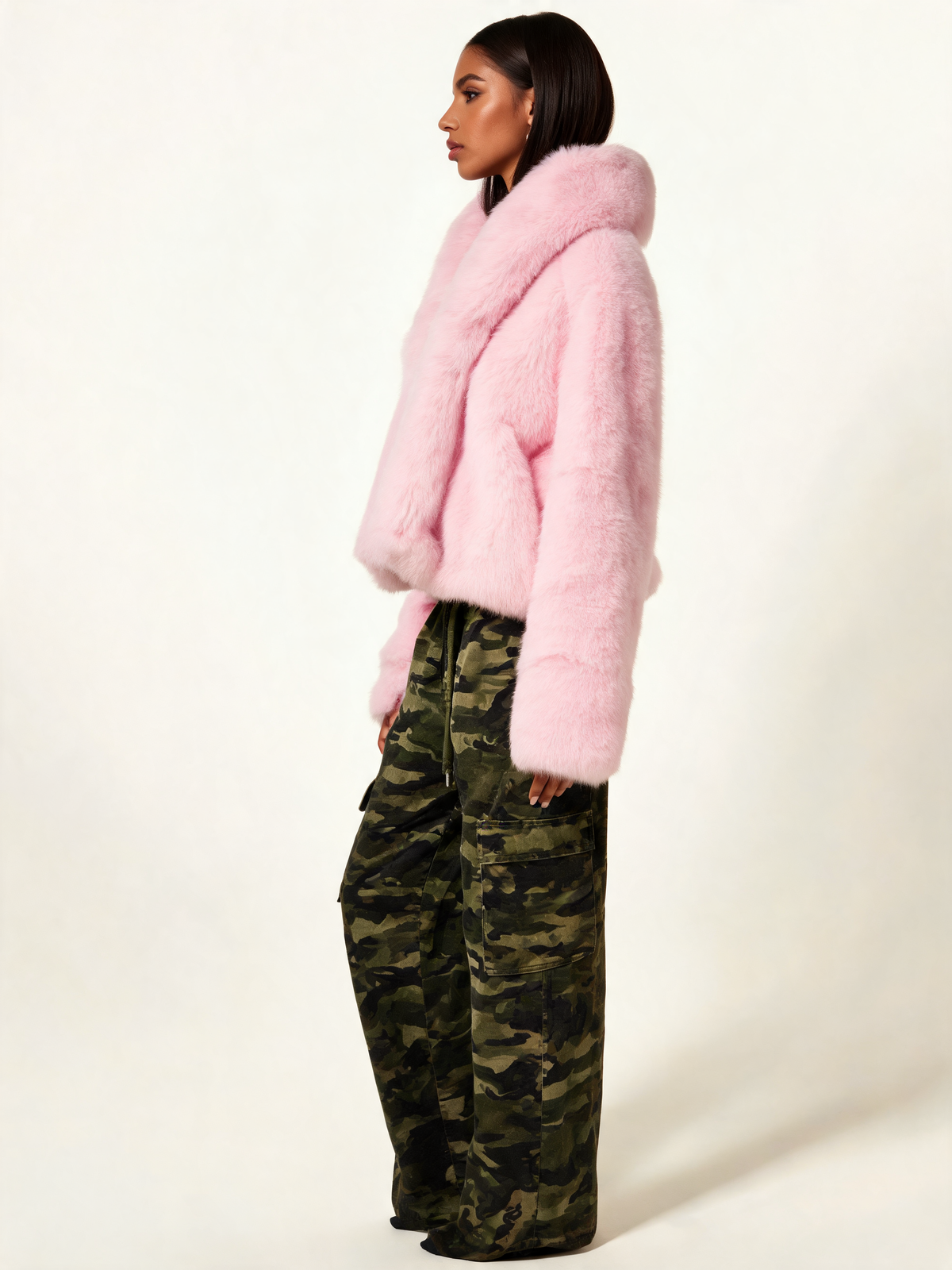 Pink faux fur jacket side view
