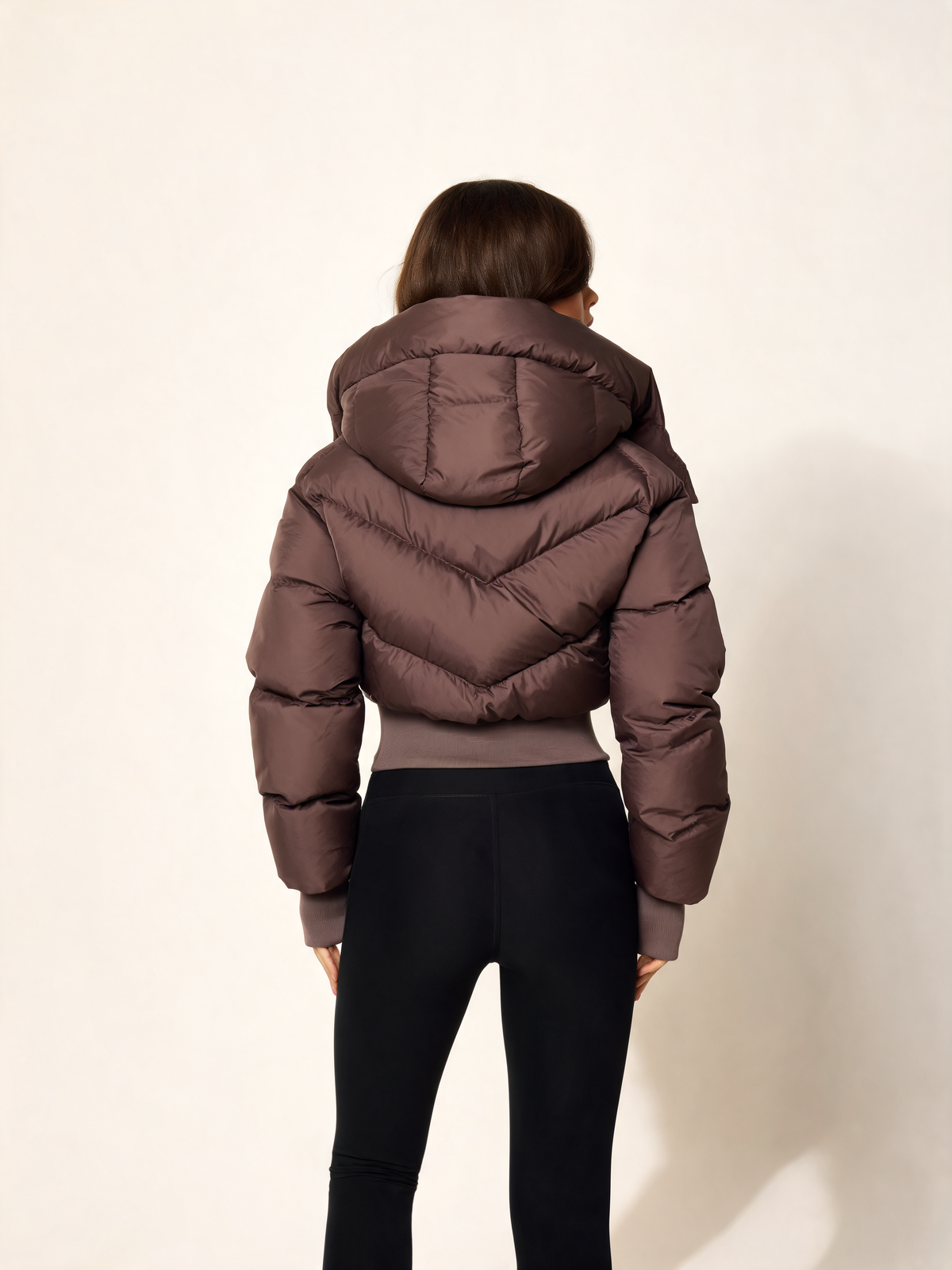 Chocolate brown puffer jacket women back view with hood