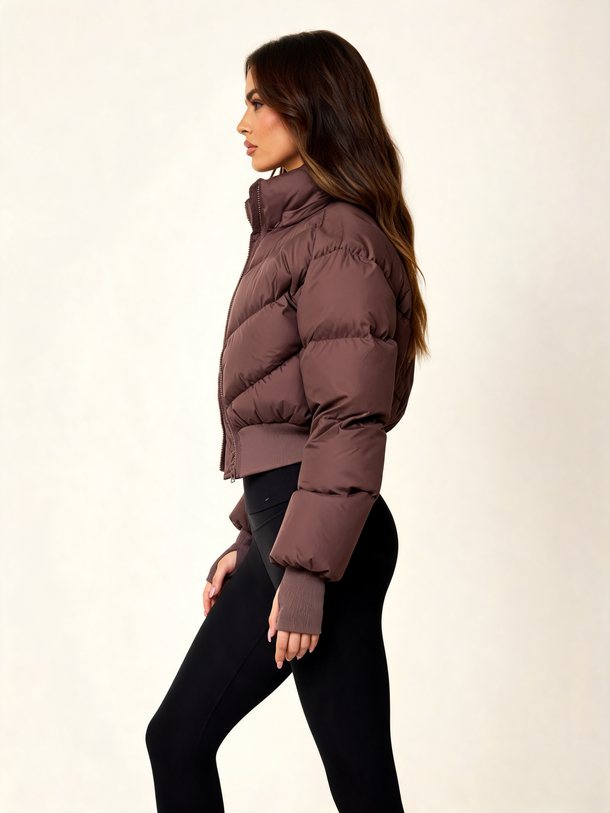 Chocolate brown puffer jacket women side view