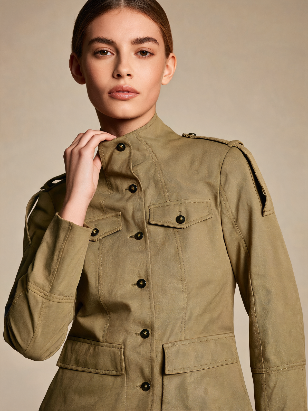 Khaki women's jacket close-up of collar and pockets