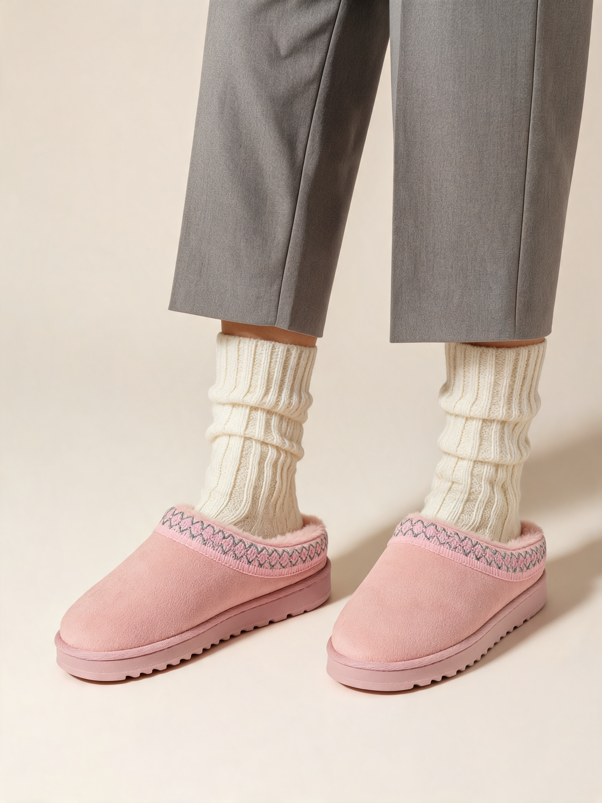 Pink women's slippers three-quarter view