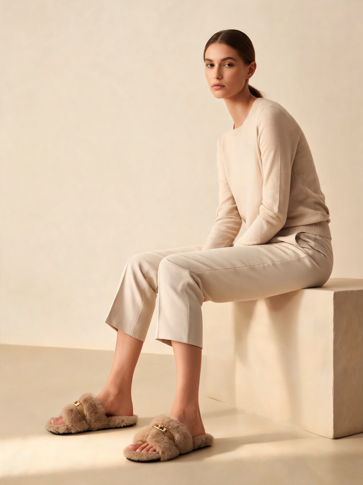 Beige women's slippers seated view