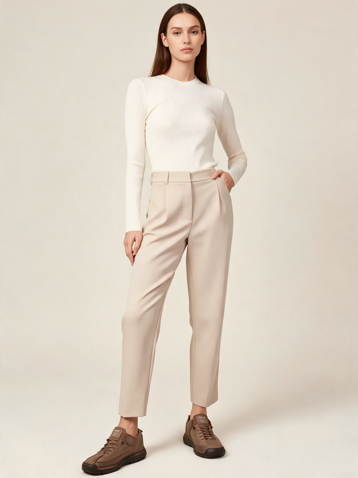 Taupe women's trainers three-quarter view