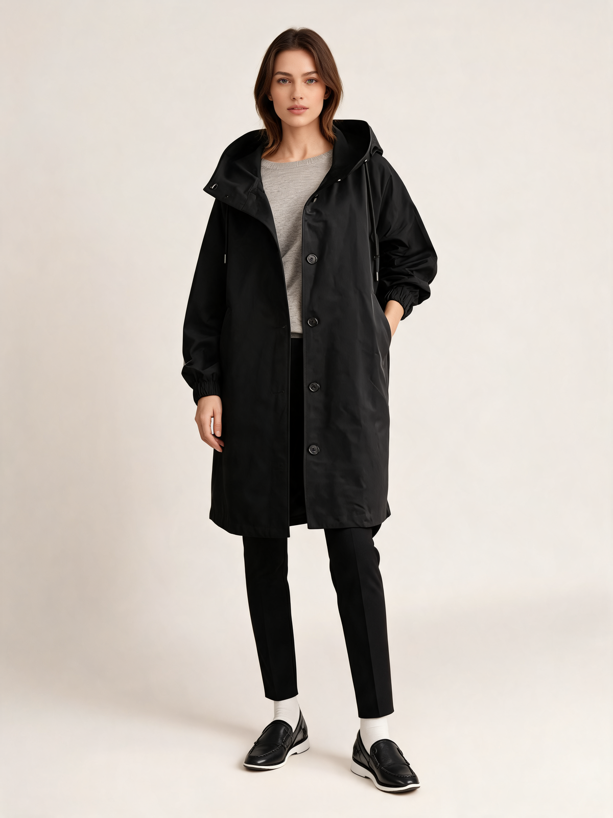 Black trench coat front view