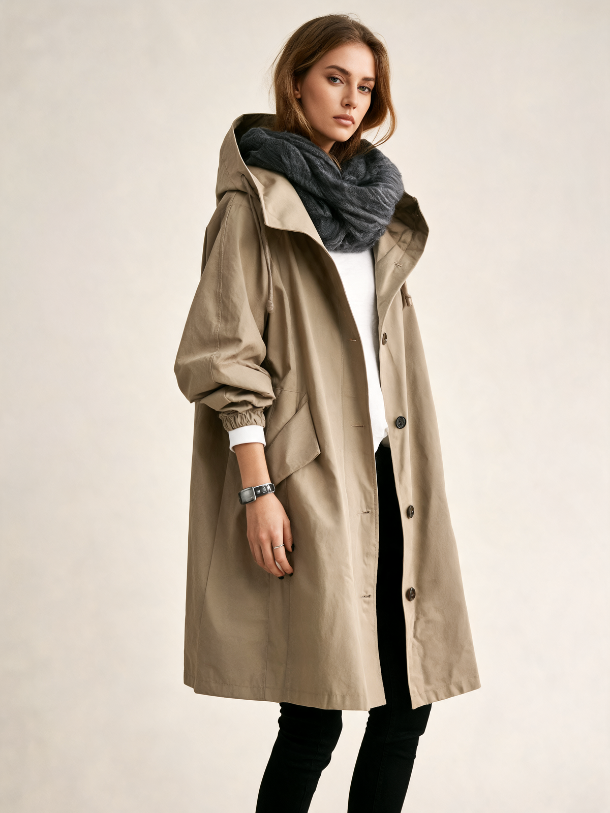 Khaki trench coat three-quarter view