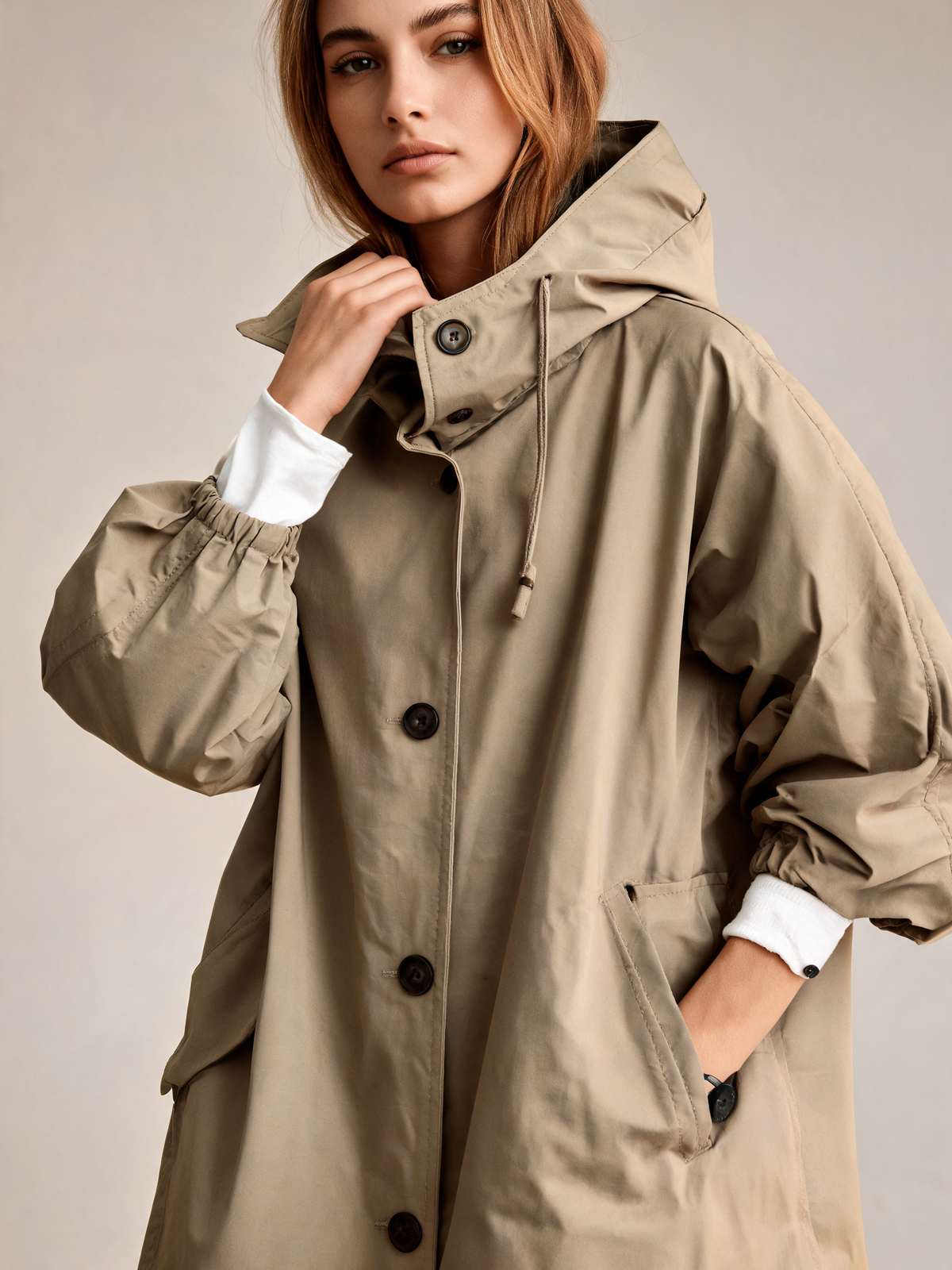 Khaki trench coat close-up