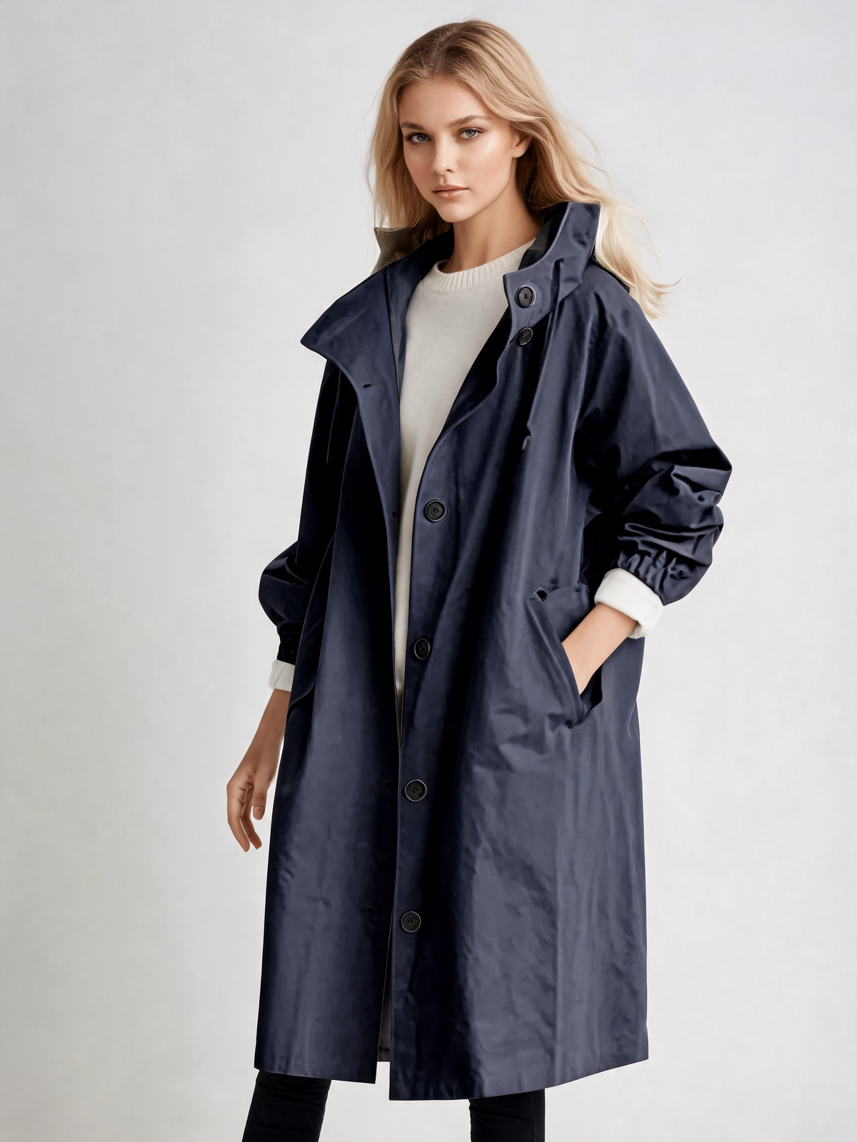 Navy trench coat three-quarter view
