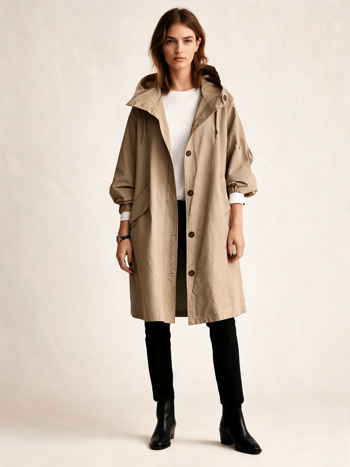 Khaki trench coat front view