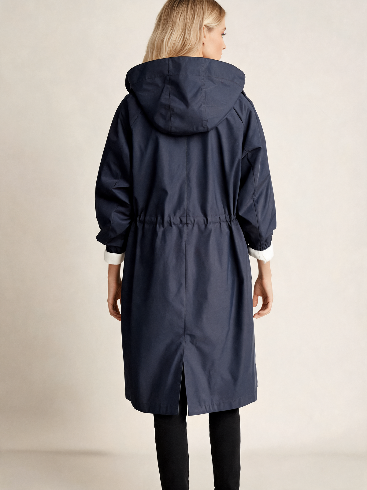 Navy trench coat back view