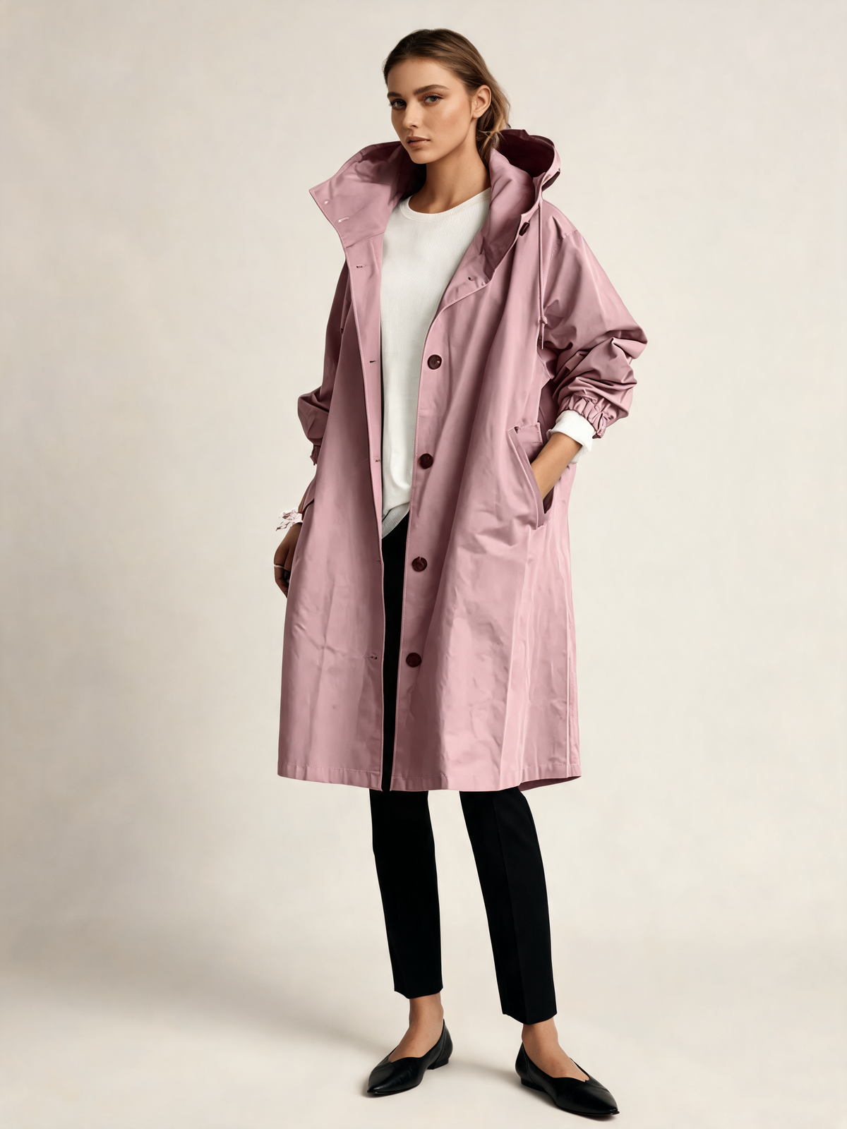 Pink trench coat front view