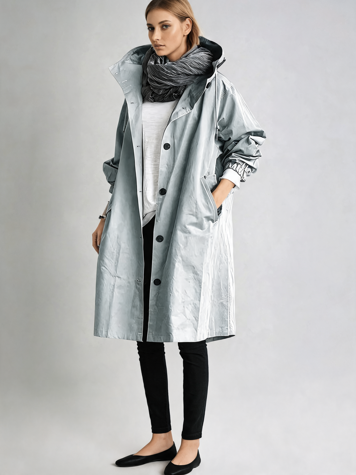 Light Blue trench coat three-quarter view
