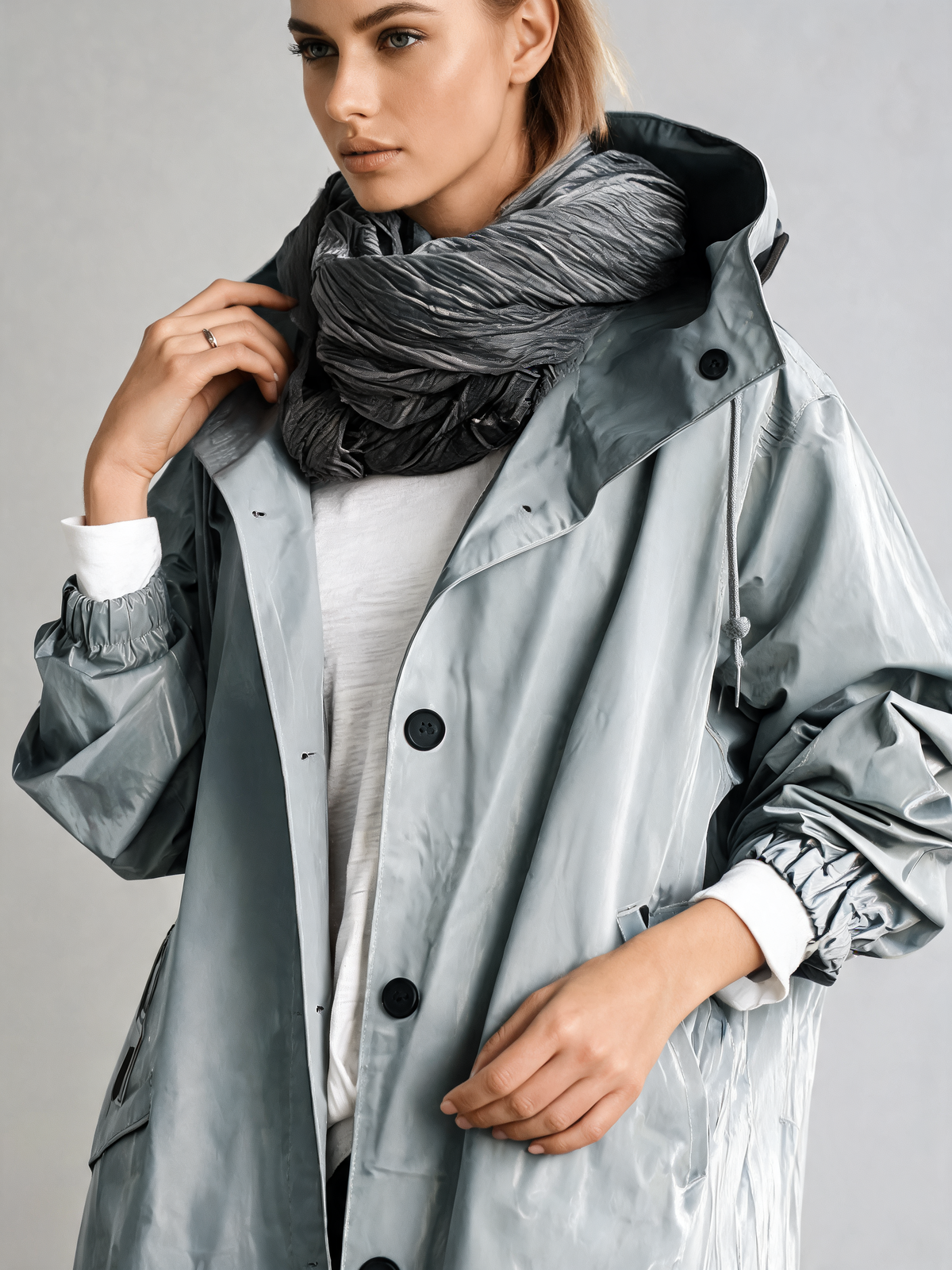 Light Blue trench coat close-up